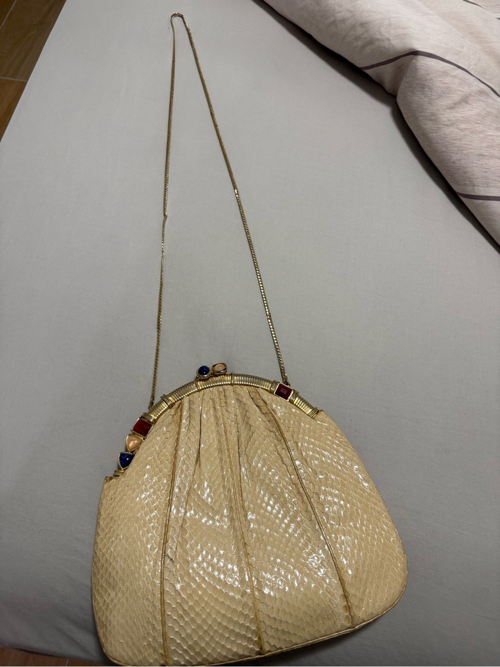 Judith Leiber Cream Textured Crossbody Bag with Multicolored Gem Frame